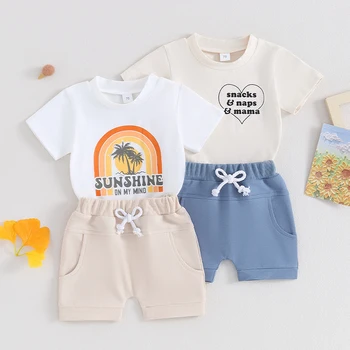 Комплект дрехи от 2 теми за малки момчета, тениска с къс ръкав и ластични шорти с писмото принтом, комплект летни детски дрехи