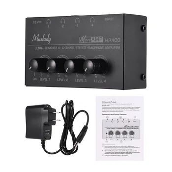 Muslady HA400, 4-канален усилвател за слушалки, Ультракомпактный Аудио-стереоусилитель за слушалки с адаптер на захранване