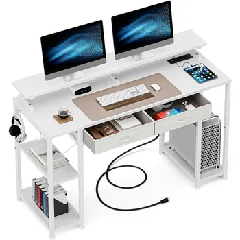 Компютърна маса GIKPAL с чекмеджета, Офис маса с розетка и рафтове за багаж, Домашни писалищно бюро с поставка за монитор