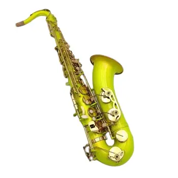 Чисто нов тенор-саксофон, покрита със златист лак, професионален тенор саксофон с мундштуком под формата на мъжец