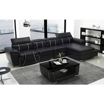 Голям диван MANBAS L-образна форма, Секционни диван, комплект мека мебел с електрически люк, Италианска естествена кожа, Фотьойл с електрически люк, Функционален салон Cama