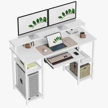 Геймърска компютърна маса за лаптоп за легло, Бяла работно бюро, домашен офис бюро с поставка за монитор и клавиатура, компютърни бюра 47 инча