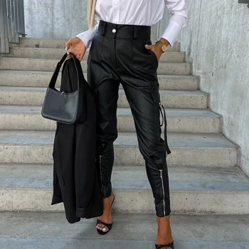 Ежедневни дамски дълги панталони с драпировкой джобове 2023, нов модерен панталон-молив копчета с висока талия, реколта градинска дрехи, тесни панталони от изкуствена кожа