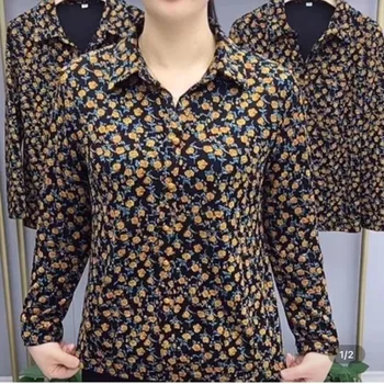 Дамски пролетно-есенна мода, елегантен пуловер-ПОЛО с яка и принтом копчета, ежедневни тениски, Универсални свободни блузи с цветя с дълги ръкави