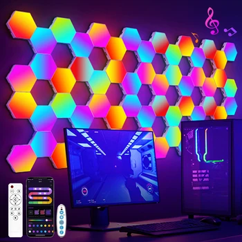 Умен hexagonal стенен монтаж RGB лампа, която ще промени цвета на околния нощно осветление, приложение DYI Shape Music Ритъм За игри стая, спалня, интелектуално