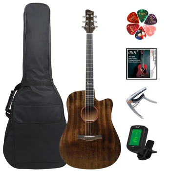 KRUSU 6-струнен 40-инчов акустична китара, панел от елового дърво, народна китара с чанта, струнен тунер за китара резервни части и аксесоари