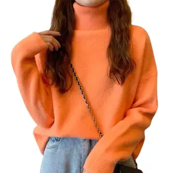 Вязаный пуловер с висока воротом Женски Есенно-зимния пуловер Оверсайз с дълъг ръкав Дамски Корейската мода Обикновена Основни скок