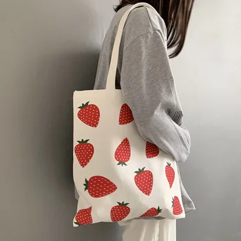 Големи Еко-чанта през рамо с ягодов принтом за момичета, дамски холщовая чанта за пазаруване, студентски сгъваема чанта