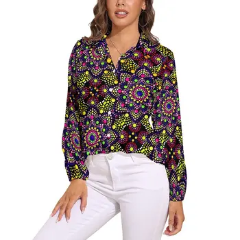 Ретро-блуза-мандала С дълъг ръкав и цветни принтом, Реколта блузи, дамски градинска облекло, риза голям размер, отгоре с принтом, Идея за подарък