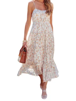 Богемное женски лятото дебнещ рокля midi на спагети презрамки, с дълбоко деколте и отворен гръб, идеална плажно облекло в стил бохо