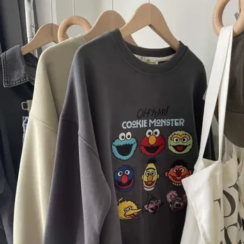 Тъмно Сив hoody със забавна бродерия с анимационни герои, пуловер с качулка Сладко Monsters, Y2K, Корея, облекла в стил хип-хоп Kawai, Свободна Ежедневни облекла