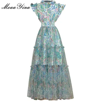 Модерно лятно женствена рокля MoaaYina с летящим ръкав, еластичен колан с волани, Мрежа с флорални принтом, елегантни вечерни рокли
