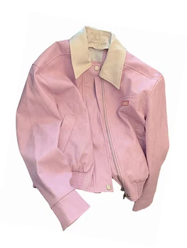 Розово яке с отложным яка, дамско ежедневното кратко основния палта за жени 2023, есенно-зимна градинска дрехи, свободна мотоциклетът яке