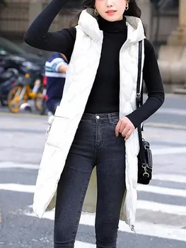 Нова мода зимни дамски топла жилетка, Дълга жилетка, Тънка яке без ръкави, палта, дамски пухени памучни жилетки с качулка