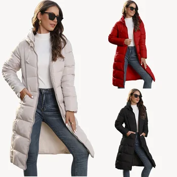 Зимни дамски стеганая яке с качулка, женски тънка стеганая яке със средна дължина, топло naka стеганая яке за жени