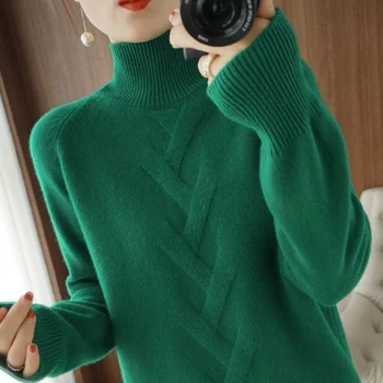 Есенно-зимния вълнен пуловер, дамски пуловер с висока воротом, всекидневни вязаный топ, нормално кацане, подкосъм, модерен T321