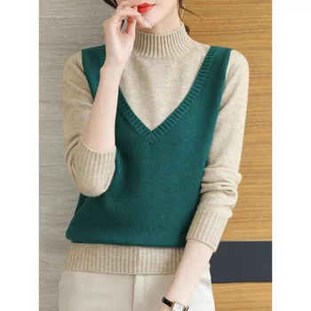 Есен-зима, нови дамски пуловери-wild контрастен цвят с полувысоким яка, елегантни и Универсални свободни блузи с дълъг ръкав