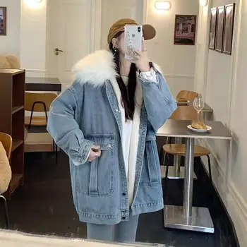 Деним яке за жени 2023, нова популярна дънкови облекла с яка поло, есенно-зимни палта с памучна подплата T644
