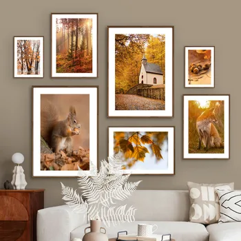 Есента гората Протеин лисица Тиква Боровата къща Плакат в скандинавски стил Стенен арт принт на платно, Стенни картини за вашия интериор дневна