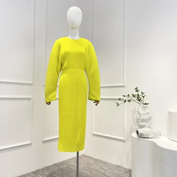 2023 Сезон: пролет-лято, на нови приходи, висококачествено жълто ежедневното женствена рокля миди с гънки и дълги свободни ръкави за всеки ден