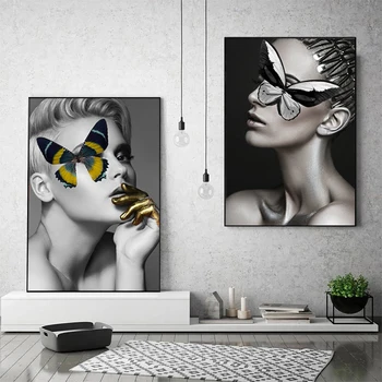 Модерен дамски главата, цвете, маска пеперуди, картина за грим, монтиране на изкуството, платно картина, плакат в скандинавски стил, щампи за дома в хола.