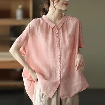 Лятна реколта памук, ленени ризи Женски Обикновена ръкави, с Тънки ревери, широки ризи оверсайз, Дамски ежедневни блузи копчета