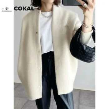 Дамско палто COKAL, яке есен / зима, ежедневна мода, без приятелка, вълна обикновен мек вязаный топ средна дължина
