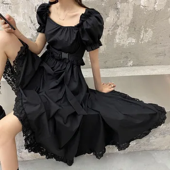 HOUZHOU Винтажное черно Дълго женствена рокля Y2k, готик корсет, бяла вечерна рокля с пищни ръкави, елегантна козметична Корейската мода в стил харадзюку