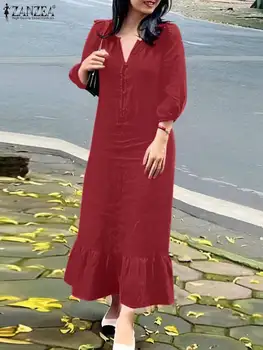 ZANZEA Пролетното модно вечерна рокля Случайни сарафан с волани хем Дамска рокля с V-образно деколте и буйни ръкав Дамски Елегантни рокли с волани Vestido