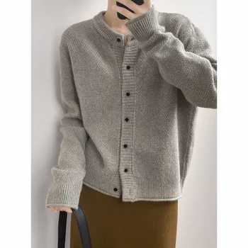 Свободен пуловер с кръгло деколте, вязаный жилетка за жени, есен 2023, без малко пуловер с кръгло деколте и дълъг ръкав, жилетка, дамски топ