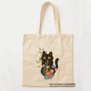Чанта-тоут Черна котка За момичета, ръчна чанта Pacakge, женски Еко-торбички за пазаруване през рамо за еднократна употреба, Bolsas De Tela