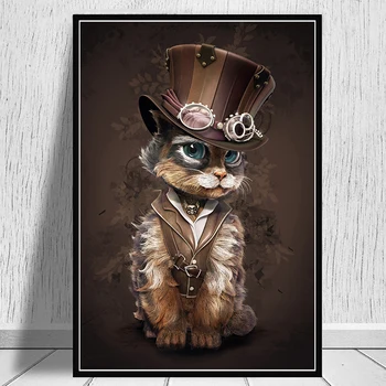 Весел арт-котка в стил steampunk Върху платно, постери и щампи, стенни рисунки на животни за декор на хола, Без рамка