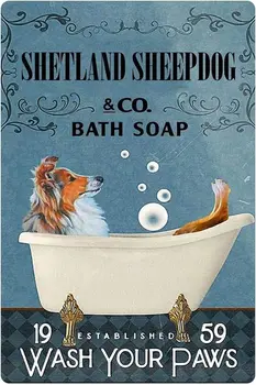 Ретро Метална Лидице знак Shetland Sheepdog Co.Сапун за баня Измийте лапите Хол Баня Тоалетна Артистична декорация на стени Табела