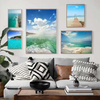 Синьо небе, море, Кокосова палма, Секси момиче, стенни живопис върху платно, постери на скандинавскую тема и щампи, картини за дома в хола