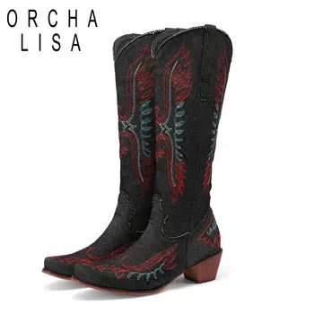 ORCHA LISA/ Луксозни каубойски ботуши в стил уестърн за жени в масивна ток 5 см с бродерия, улични обувки за отдих, Голям размер на 46 47 48