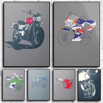 Скица мастило плакат с мотори, естетичен Мото, високоскоростен мотоциклет, печат върху платно, стенно изкуство, начало на състезанието, интериор на гараж стая.