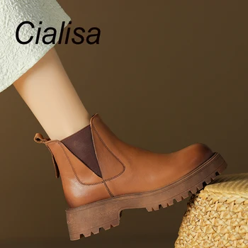 Модни Полусапожки Cialisa Женски 2023 Есен Зима платформа с кръгло бомбе, висококачествени обувки от естествена кожа, ботильоны на дебелите ток