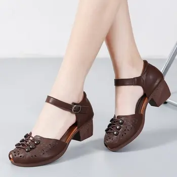 Летни дамски обувки 2024 година, Нови дамски сандали от естествена кожа с мека подметка, сандали на дебел ток в ретро усещане За модерен комфорт