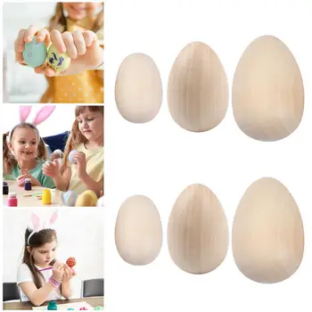 6шт дървени Великденски яйца, Естествена недовършена дървена празно яйце Ръчно рисувани Декор на Детски образователни играчки за Великден партита