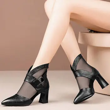 2020 дамски обувки на висок ток; Обувки на дебелите обувки с остър пръсти с цип; Вечерни летни ботильоны за жени; botines mujer