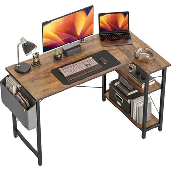 40-инчов малък компютърен маса L-образна форма с рафтове за съхранение, ъглово бюро за офис, работно бюро за обучение, тъмно-кафяв