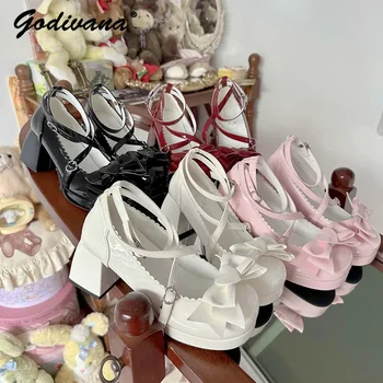 Дамски обувки Mary Jane в Японски Стил в стил Лолита, Скъпа Елегантни Дамски обувки На Дебела Подметка И Висок Ток, Модни Кожени обувки-лодка С лък, Пальтообразная обувки
