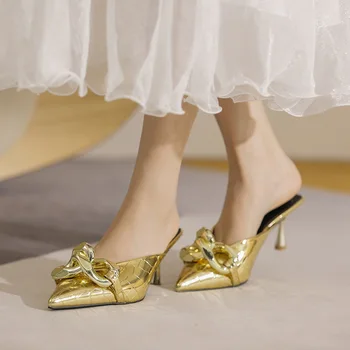 Baotou/ Обувки; Дамски Летни Нови Модни Обувки С остър пръсти; Дамски обувки с полуподдержкой От Мека Изкуствена Кожа; Пантофки-Джапанки На тънките токчета