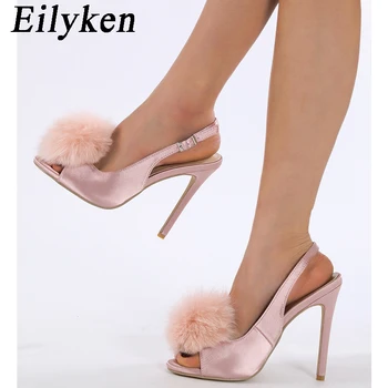 Дамски сандали на тънък ток от пера Eilyken, модни кожени сандали с отворени пръсти, дамски джапанки-лодка с каишка и катарама, Обувки Zapatos Mujer