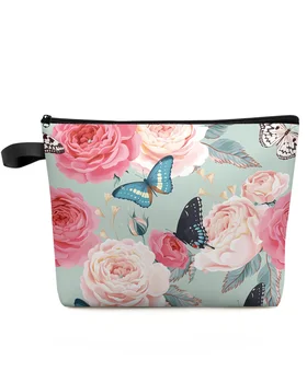 Дамски козметични чанти с цветя и пеперуди, лилаво-розови чанти, Дамски чанта за съхранение с цип, Женски малки пътни чанти