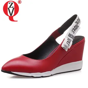 ZVQ/ Нова дамски обувки, еластична лента с остри пръсти, на ултра танкетке, на платформата, с лъкове, червени и черни, ежедневни дамски обувки-лодка отвън.
