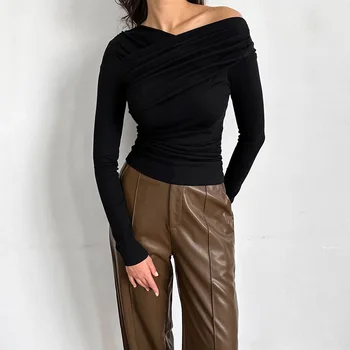 Черен мат вязаный тънък еластичен пуловер, тениска 2023, новата есенна модна долна риза за жени, топ Y2k