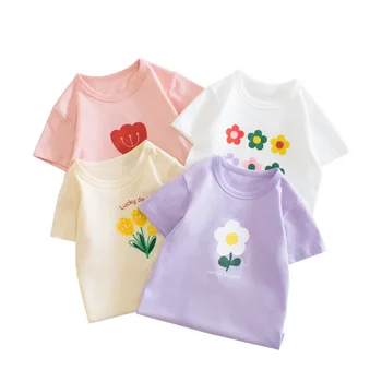 2023 Корейски летни тениски с къс ръкав в цветчета за момичетата 2-8 години, памучни блузи за малки момичета, тениска за момиченца, дрехи