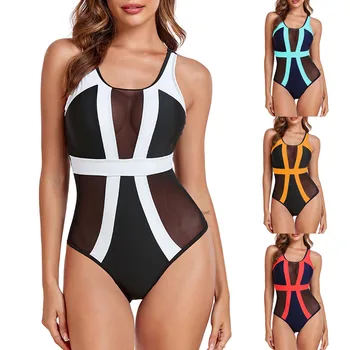 Нов женски секси гащеризон-бикини с цветен елемент в европейския и американския стил, спортни, плажни бански костюми за жени