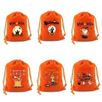 Orange байковая чанта за опаковане на бонбони за Хелоуин, малки тъканни чанти с завязками, малки тъканни чанти за детски бонбони, малки тъканни торбички за подаръци